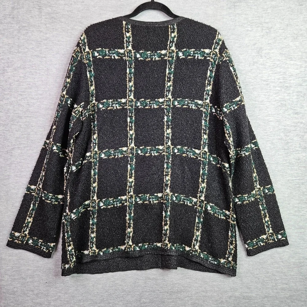 Chico's Travelers Women's Sz 2 12/14 Black Plaid Textured Cardigan Jack